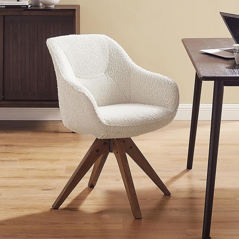 Boucle Swivel Desk Chair, White with Oak Legs