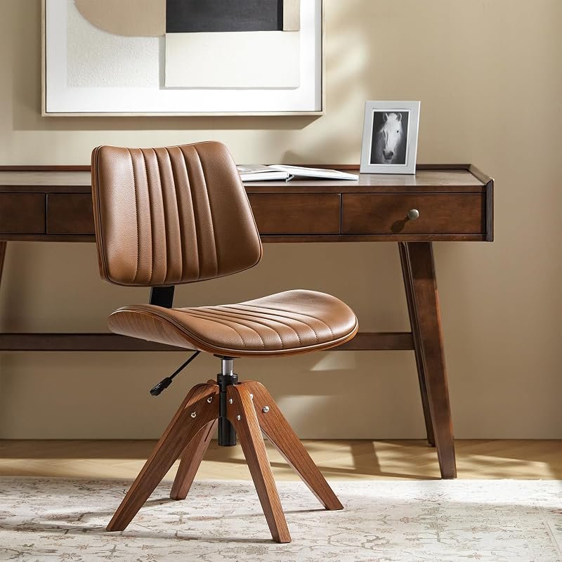 Camel Faux Leather Channel-Tufted Chair, Wood Legs
