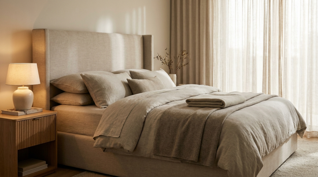 Modern luxe bedroom with upholstered bed and warm lighting