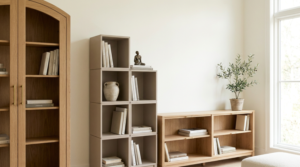 Three styled bookshelves: arched glass-front, cube modular, and wide console