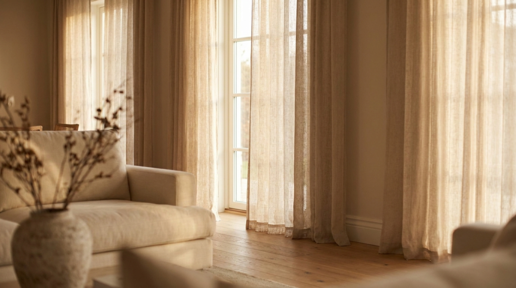 Natural linen curtains filtering soft light in an airy room