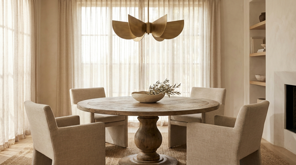 Round wood dining table in a warm modern dining room