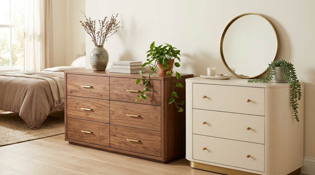 Warm wood dresser and curved cream dresser in a modern bedroom