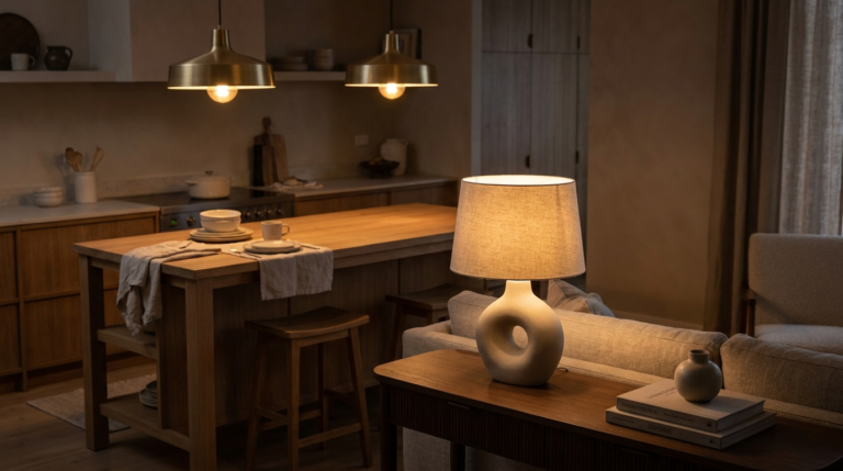 Warm table and statement lighting in a cozy neutral room