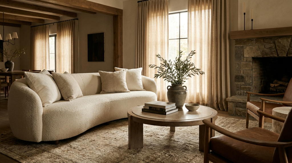 Elevated neutral living room with sofa and layered textures