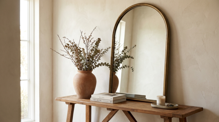 Arched mirror above a console styled in a warm neutral entryway