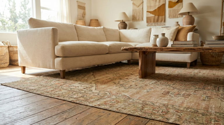 Textured neutral area rug anchoring a warm living space