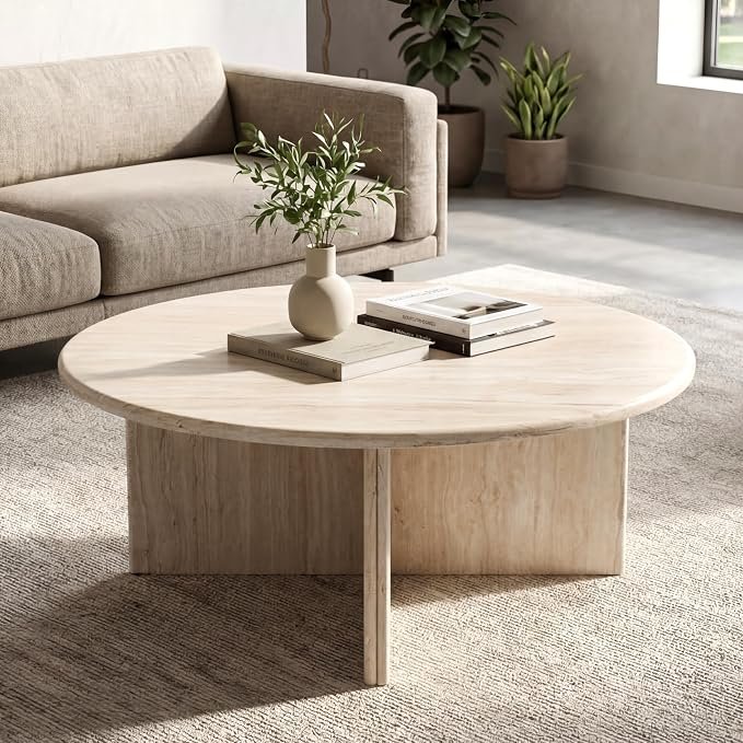 DUOMAY Round Beige Travertine-Finish Table