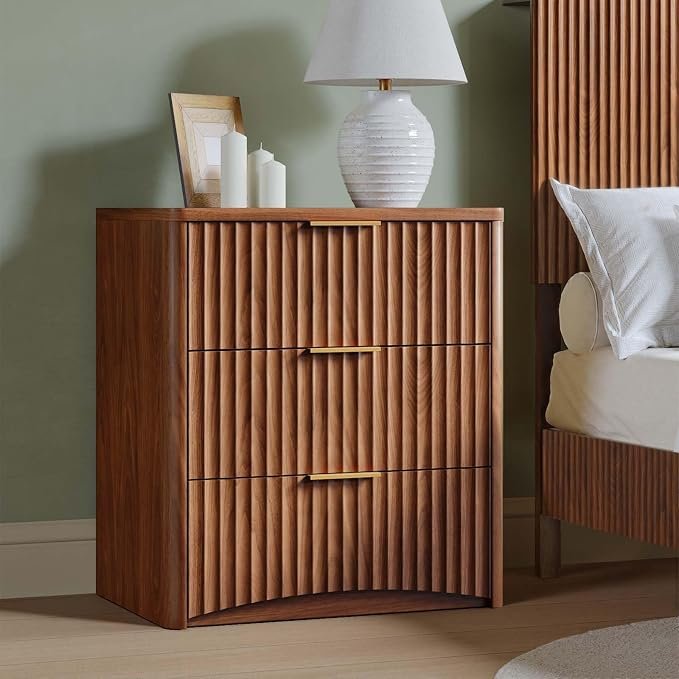 Evermagin Fluted Walnut 3-Drawer Nightstand
