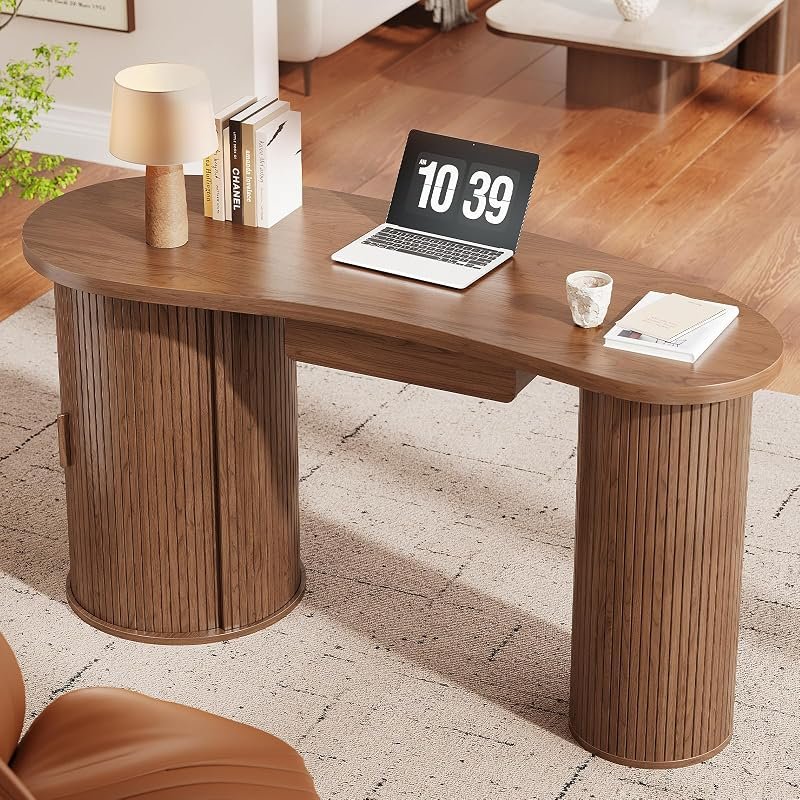 Fluted Office Desk with Sliding Door, Walnut