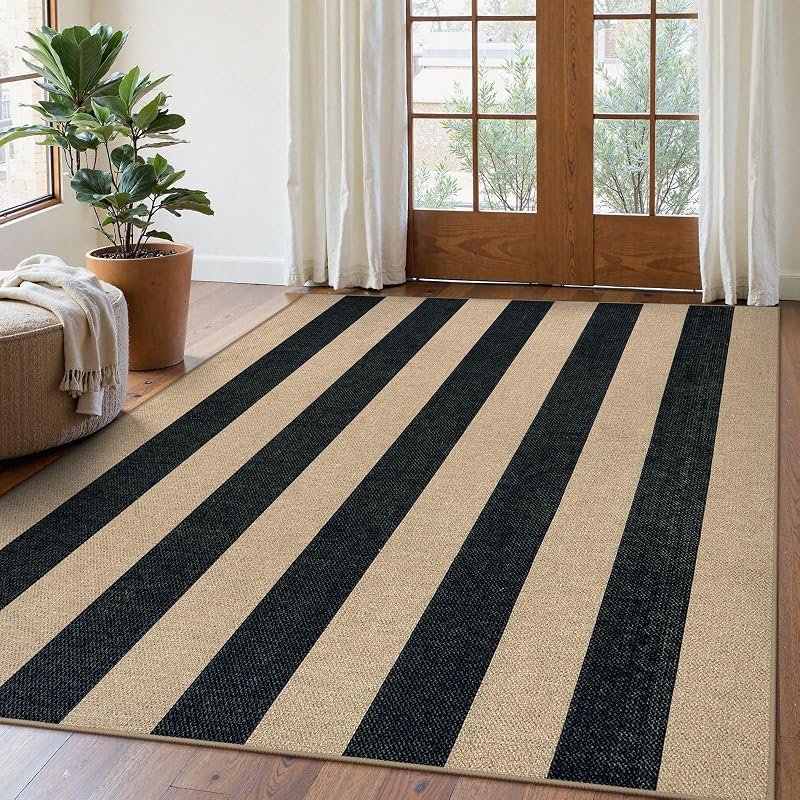 Lahome Striped Jute-Look Rug, Black & Neutral