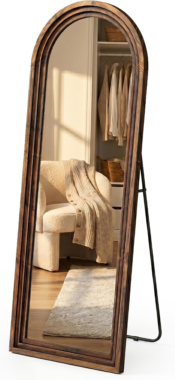 Arched Walnut Floor Mirror, 63x21 Inches