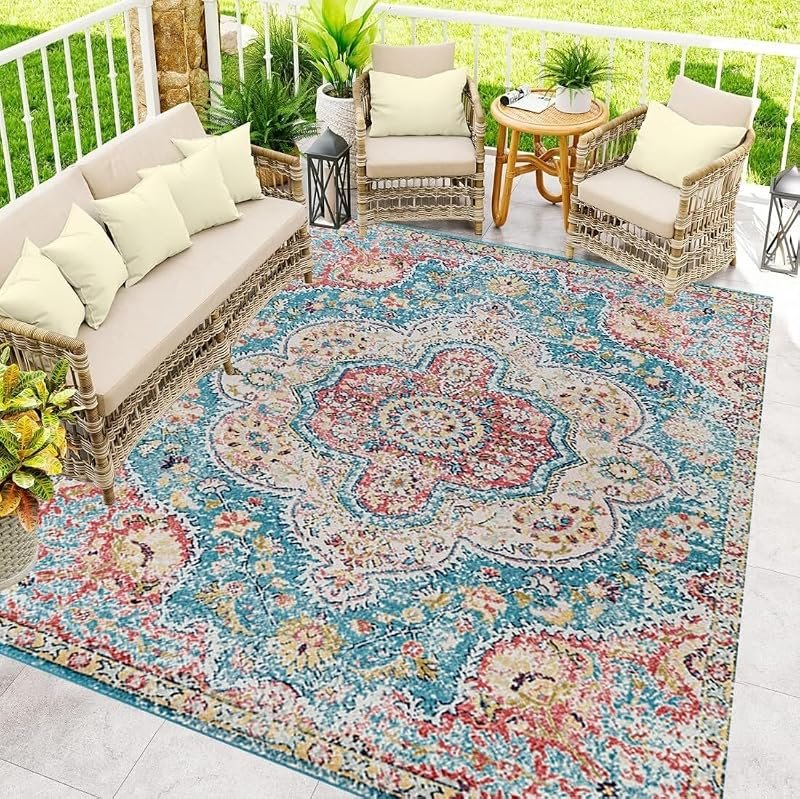 Traditional Distressed Print Rug, Blue Grey