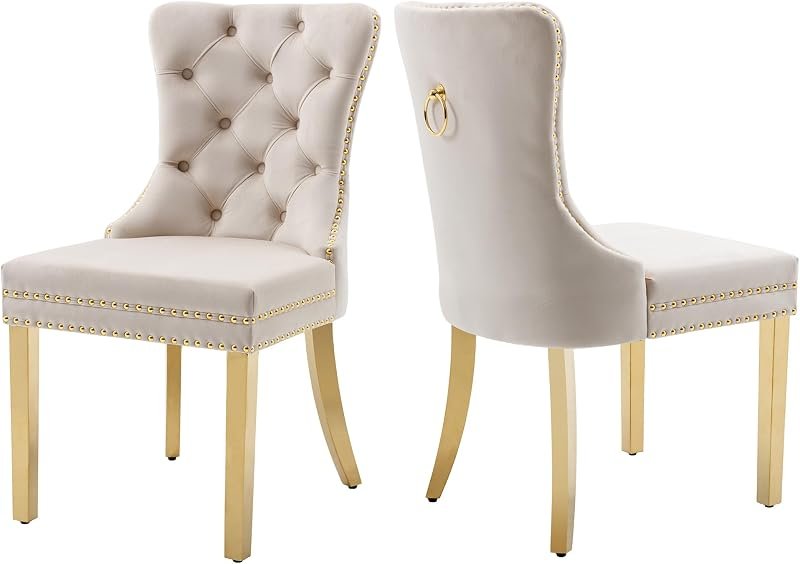 Tufted Velvet Dining Chairs with Gold Legs