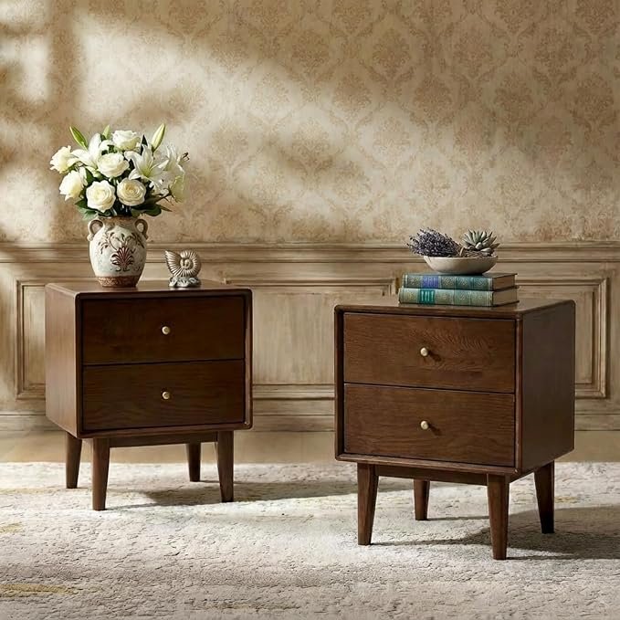 Solid Oak Walnut Nightstands, Set of 2