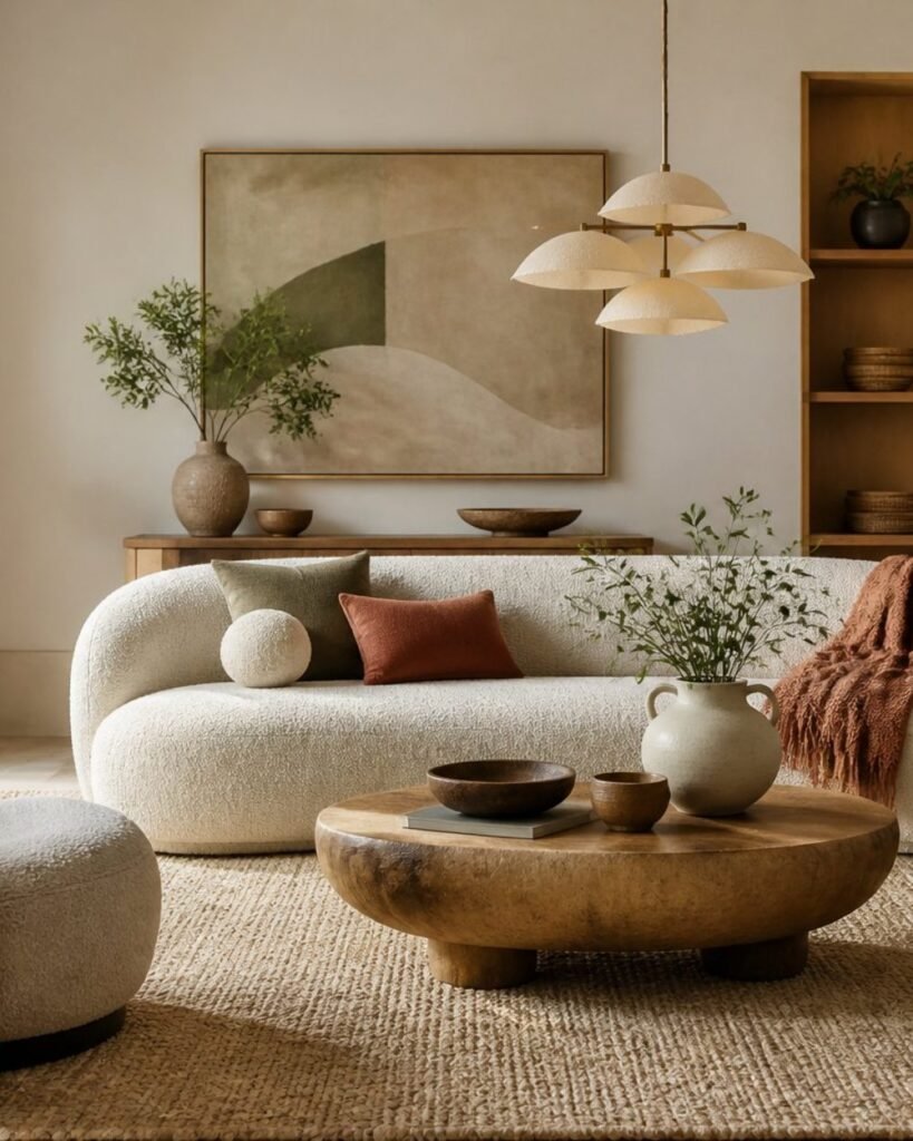 Warm contemporary living room with rounded furniture, natural textures, earthy colours and plants.