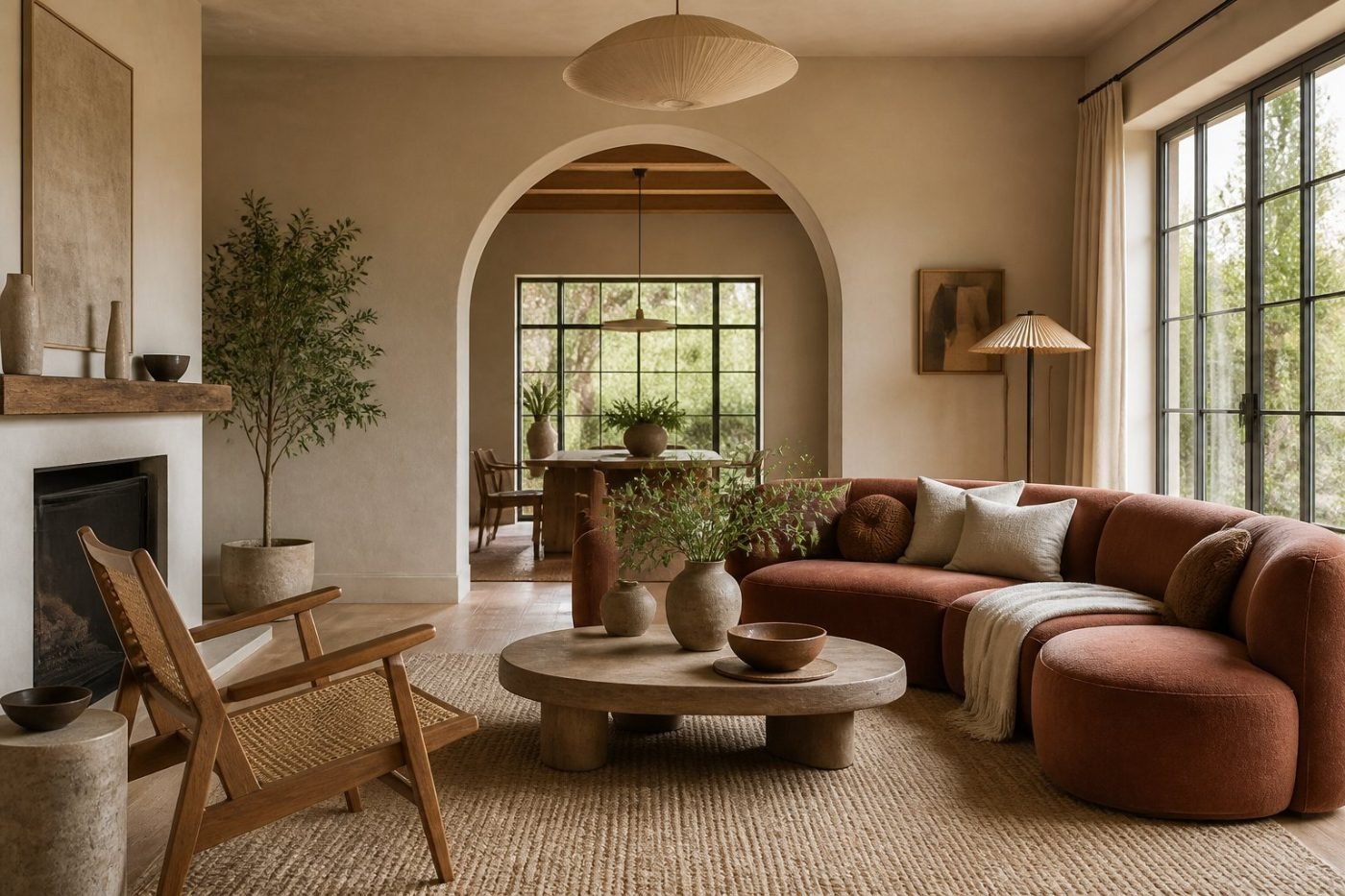 Warm contemporary living room with curved furniture, textured furnishings, artwork and indoor plants.