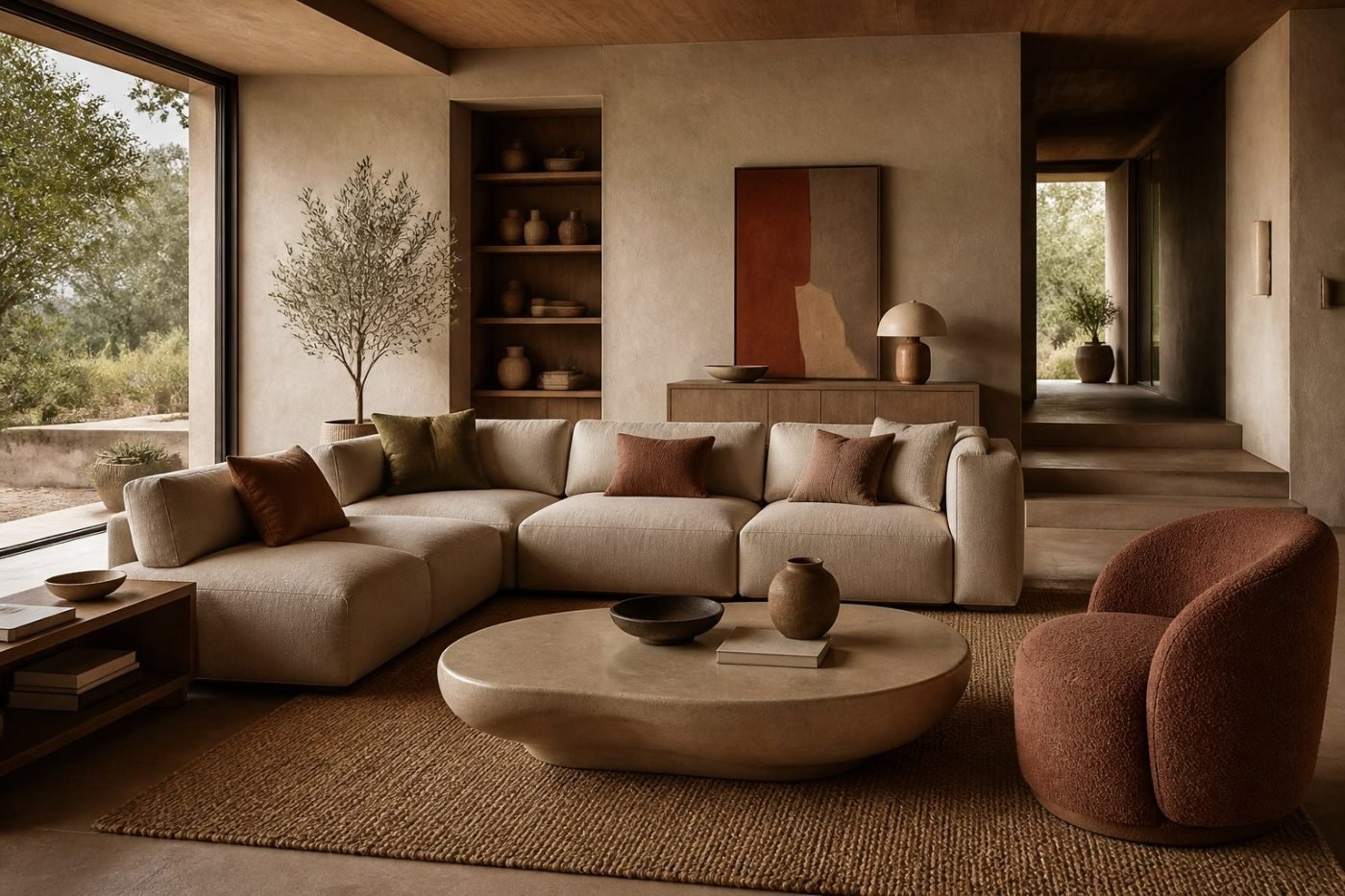 Warm contemporary living room with earthy colours, natural materials and layered surface finishes.