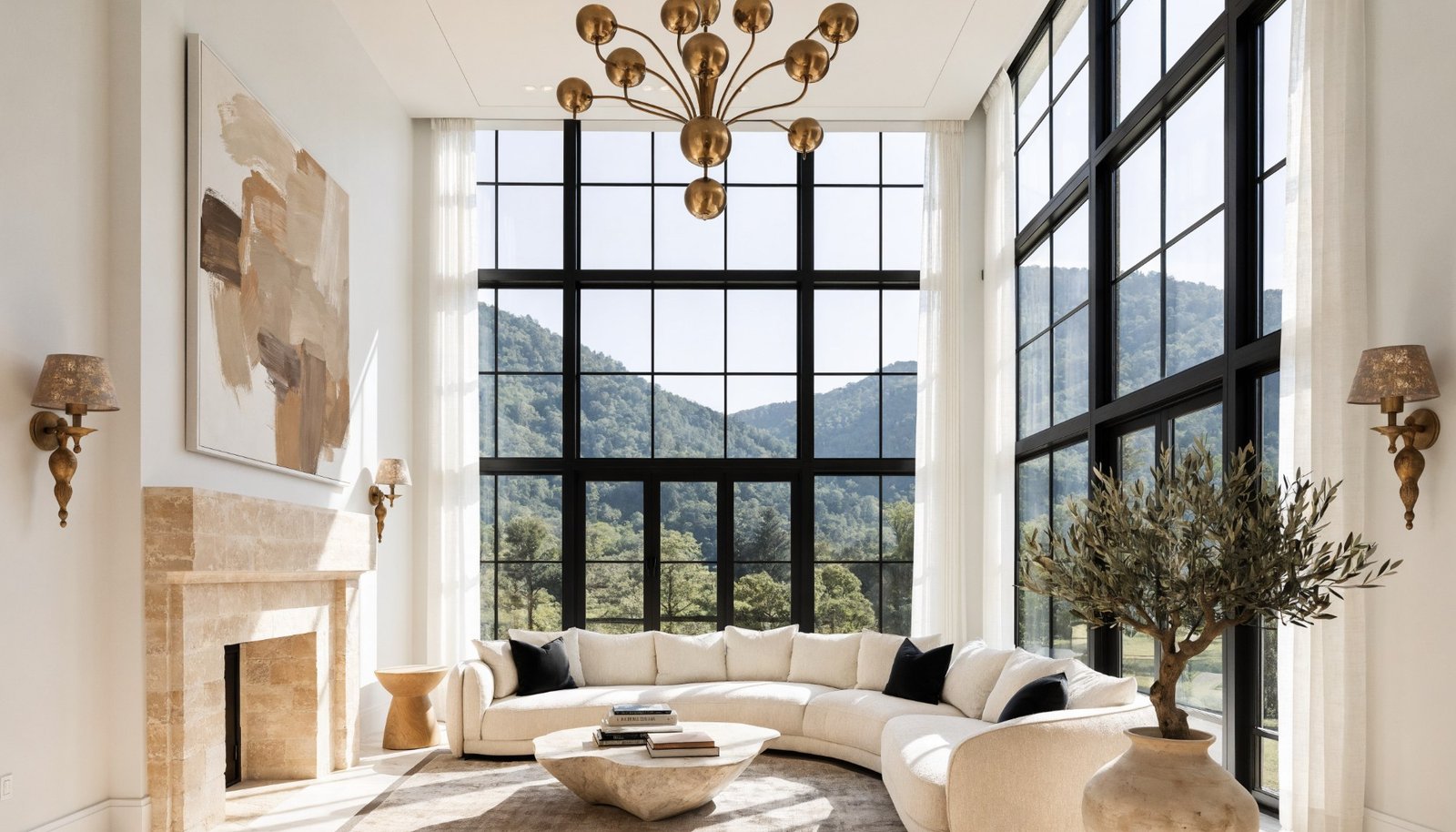 A double-height living room with black-framed windows, brass chandelier, ivory sectional and an olive tree, with a mountain view