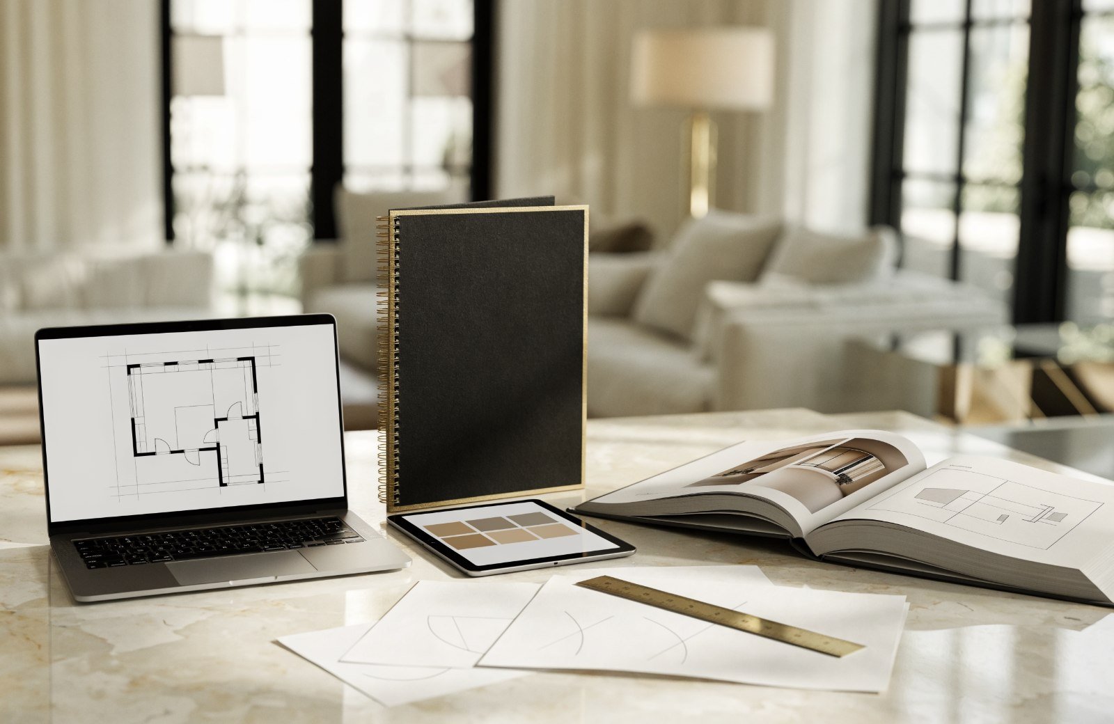 A laptop showing a floor plan, a tablet showing a colour palette, a gold-edged black workbook and an open design book on marble