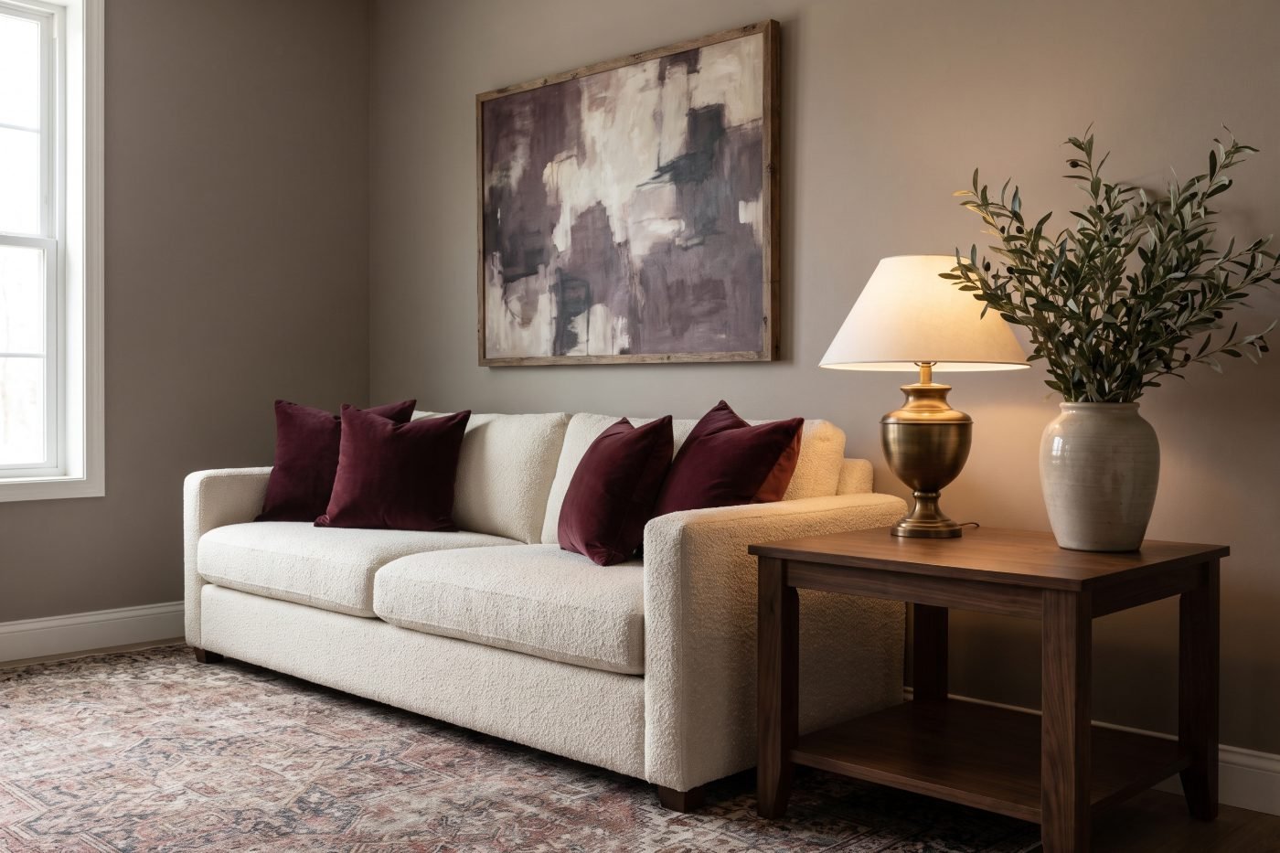 Cream living room layered with burgundy, walnut and aged brass for a collected luxury aesthetic.