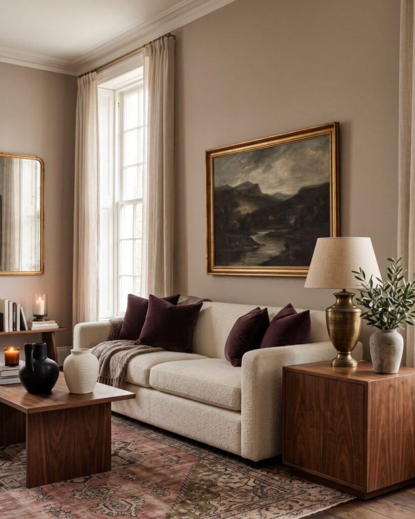 Warm collected luxury living room with walnut, brass, velvet and layered neutral textures.