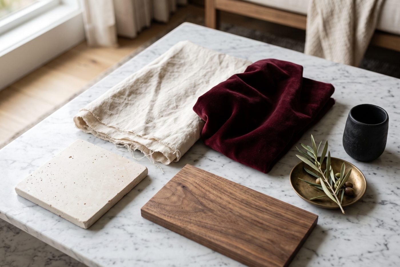 Layered collected luxury materials including velvet, walnut, linen, brass and stone.