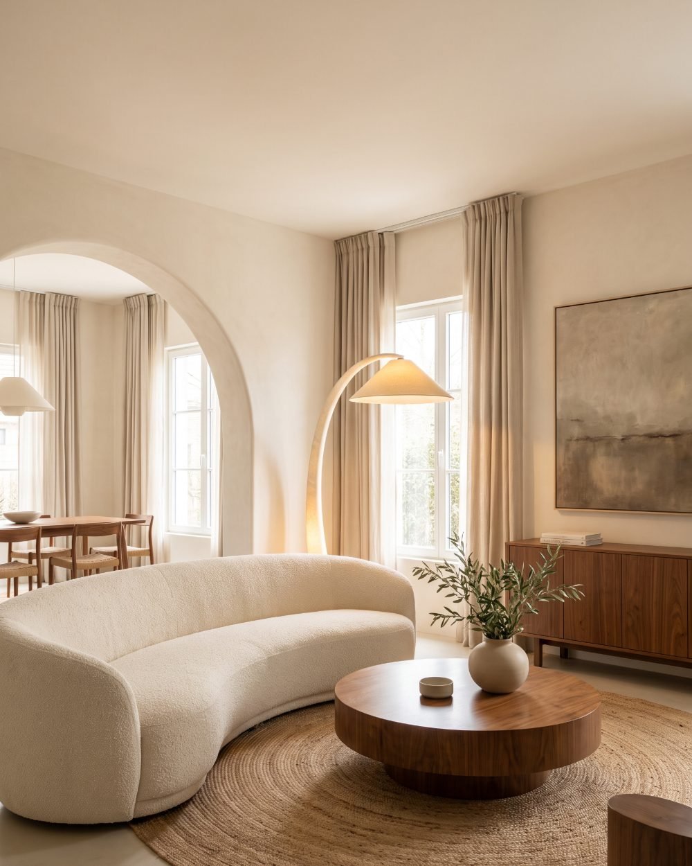 Warm living room with an arched plaster opening, curved boucle sofa, round walnut coffee table and jute rug.