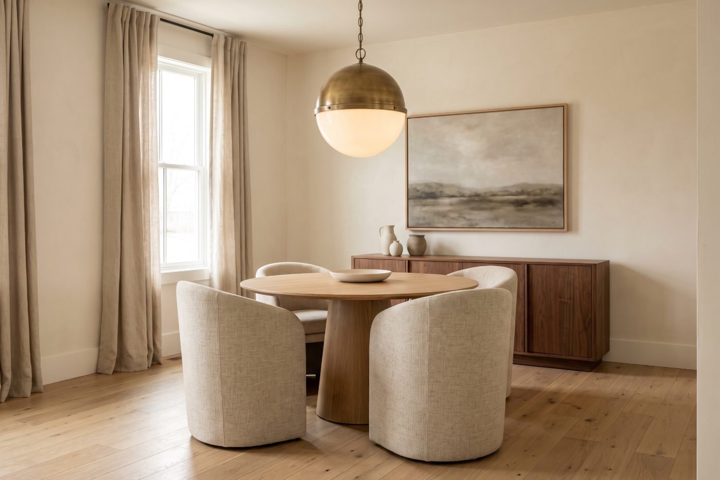 Dining area with a round oak pedestal table, rounded-back linen chairs and an aged brass globe pendant.