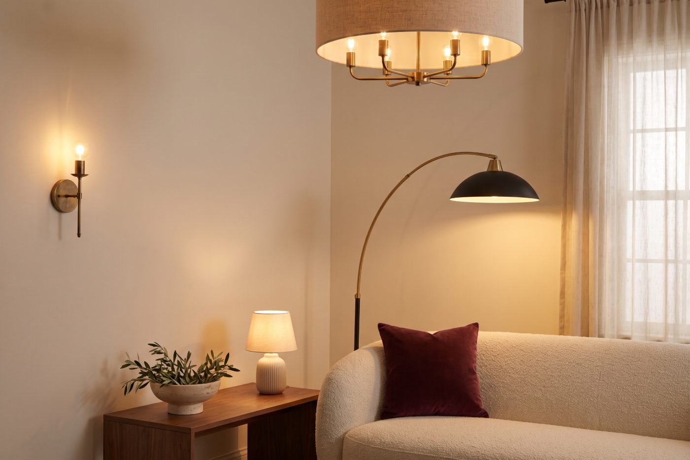 Designer-inspired lighting including a brass sconce, linen drum chandelier and sculptural floor lamp.
