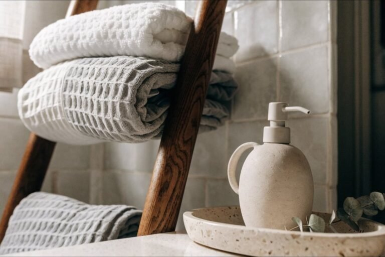 Waffle-weave and ribbed towels folded on a walnut ladder rail with a travertine tray and eucalyptus