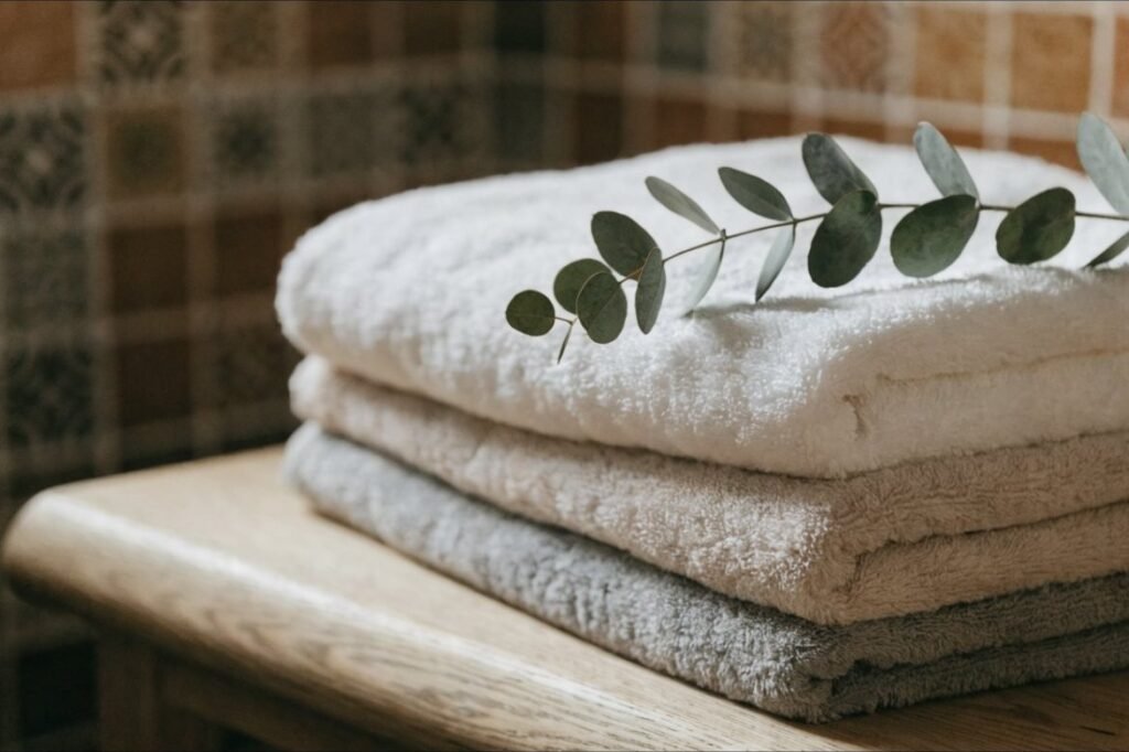A stack of plush folded towels in warm white, oatmeal and stone grey with eucalyptus on top