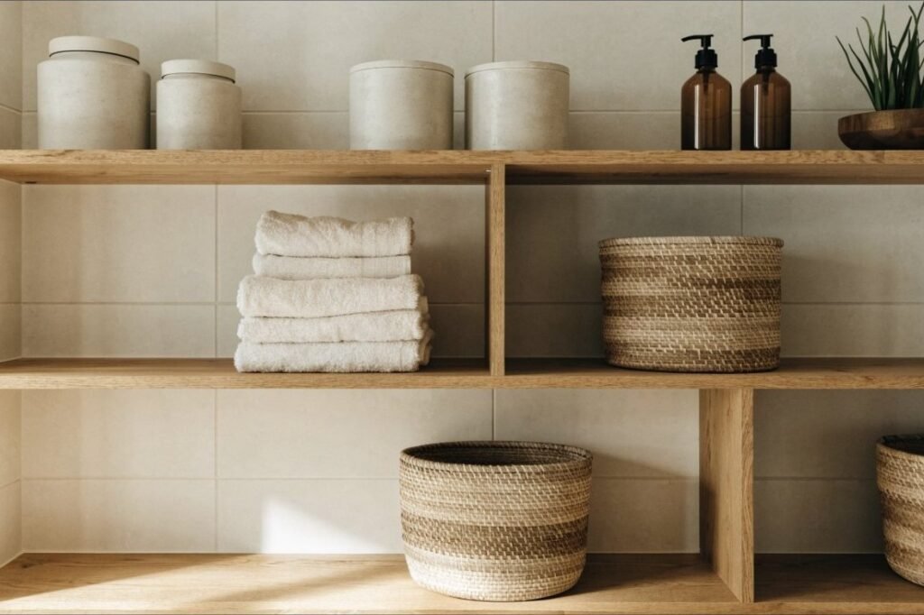 Open oak bathroom shelving with rolled towels, ceramic canisters, woven baskets and amber bottles
