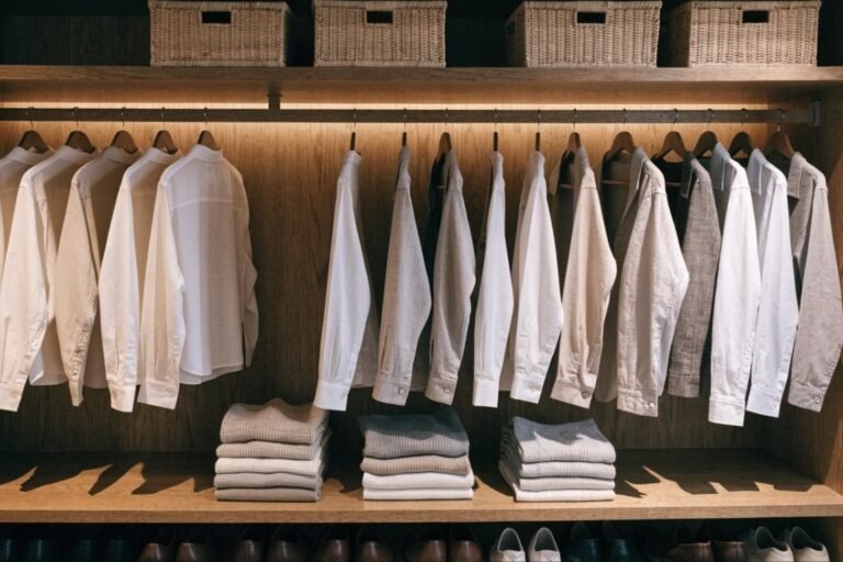 Warm oak closet shelving with matching hangers, folded knitwear, woven bins and lined-up shoes