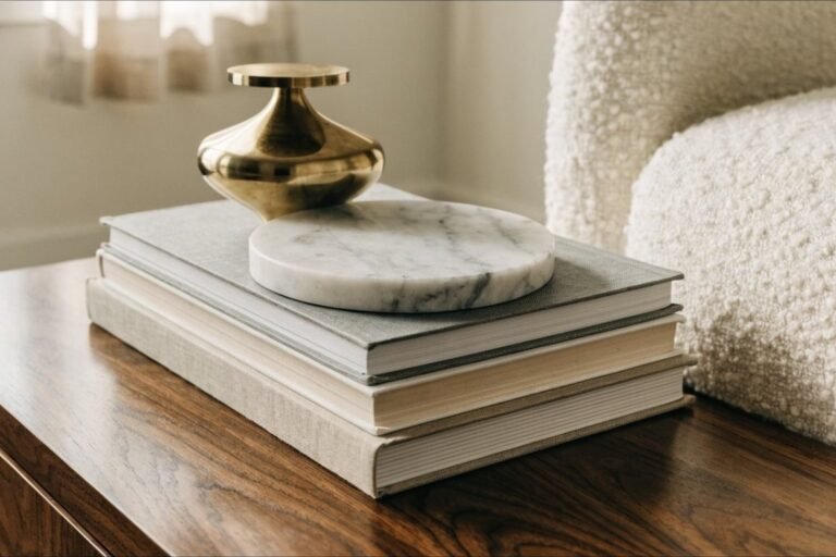 Decorative coffee table books in neutral covers stacked with a brass object and marble coaster