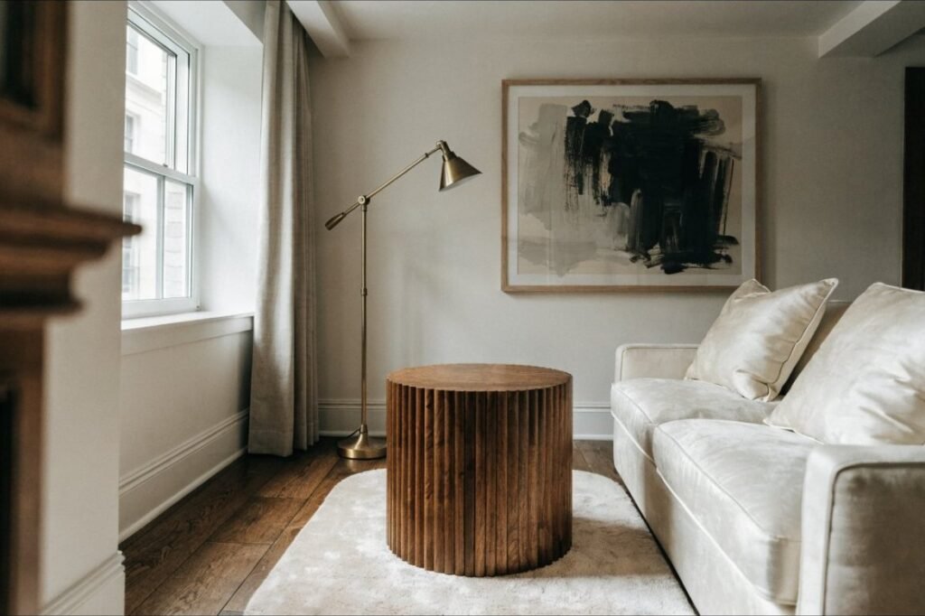A petite round fluted walnut coffee table in a compact but elevated living room