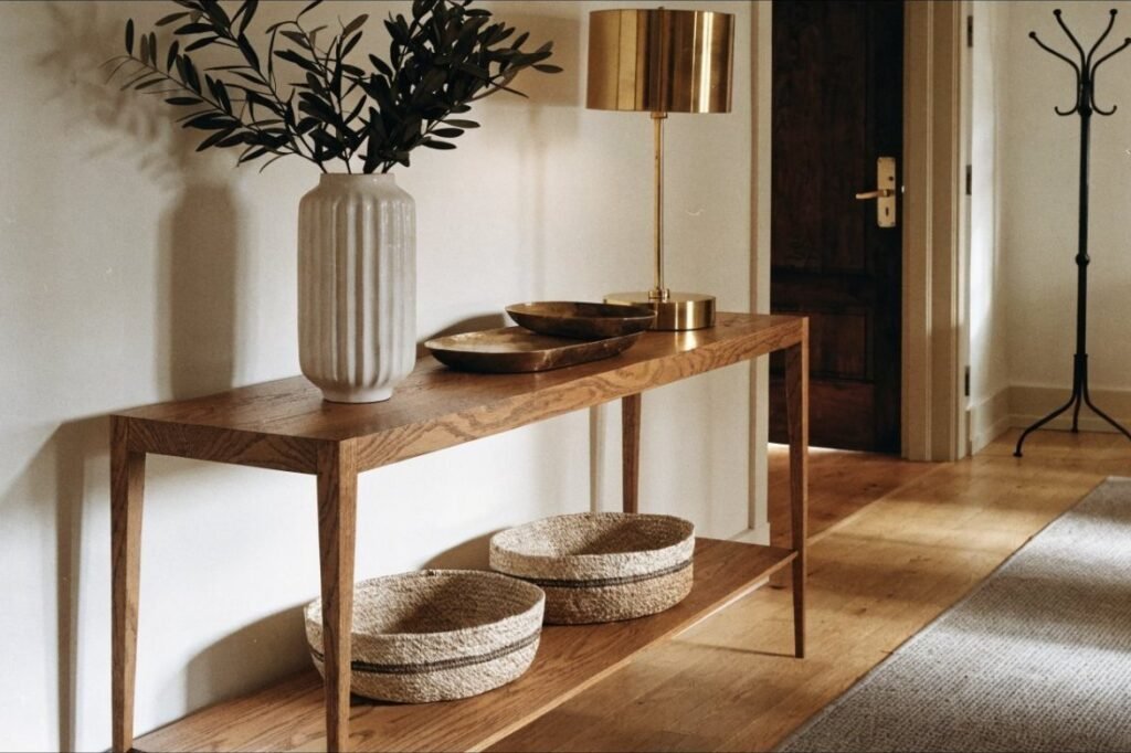 A warm walnut console with woven baskets below, olive branches and a brass lamp on top