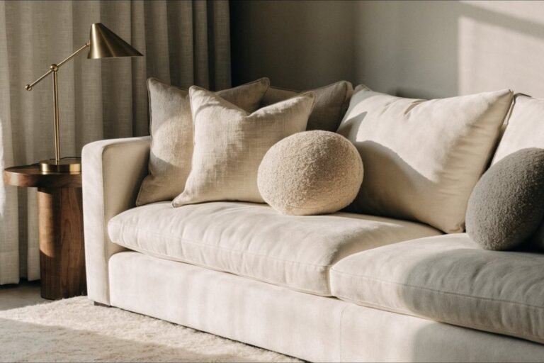 A generous cream upholstered sofa layered with tonal linen and boucle cushions