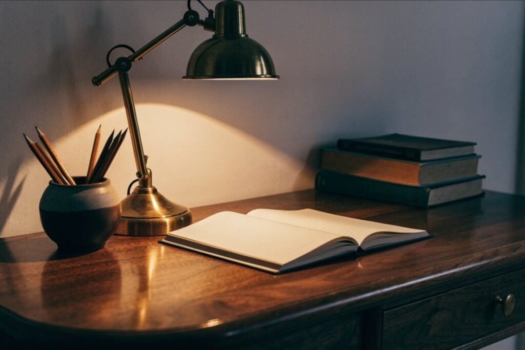 An adjustable antique brass desk lamp casting warm light onto an open notebook on a walnut desk