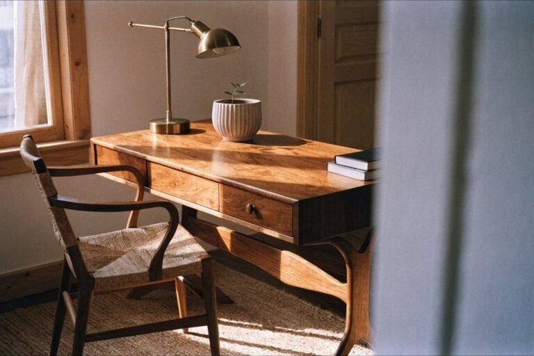 A warm walnut mid-century desk with a brass task lamp and woven chair in a calm home office