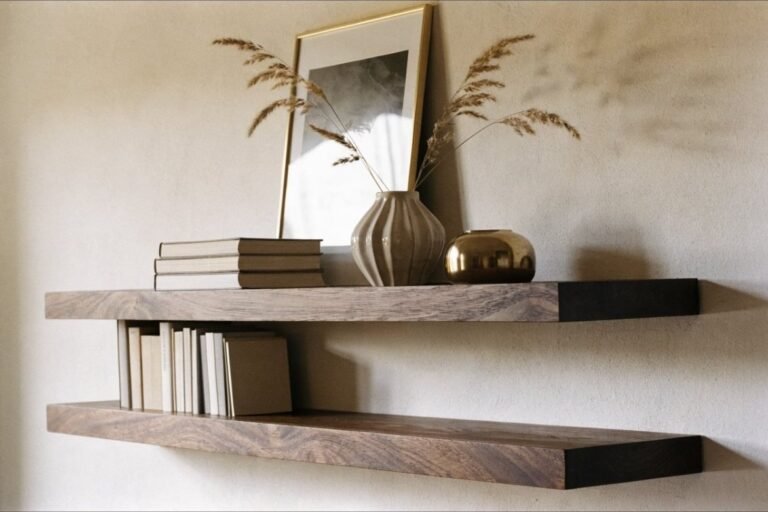 Two solid walnut floating shelves styled with neutral books, a ribbed vase and a leaning print