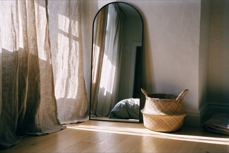An arched standing floor mirror with a matte black frame reflecting linen drapery and morning light