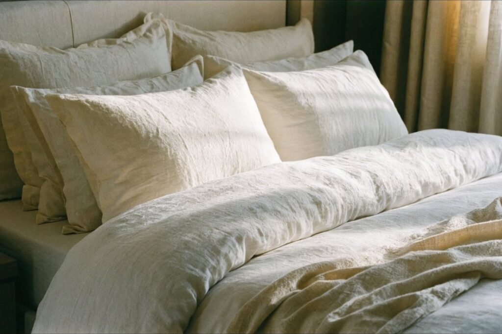 A bed dressed in layered washed linen and cotton bedding in warm white and oatmeal