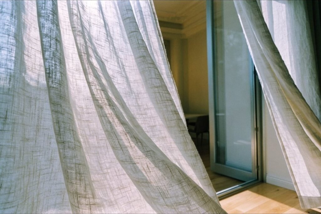 Oatmeal linen curtains glowing with sunlight through a loose weave at a tall open window