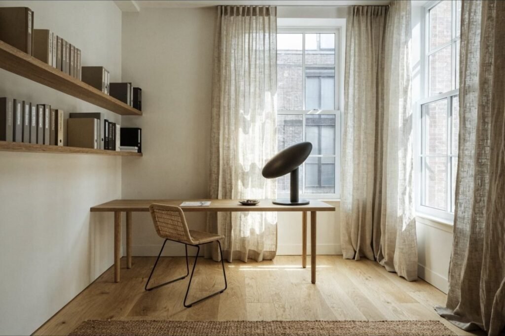 A slim oak desk facing a tall window with linen drapery, a woven chair and floating shelves