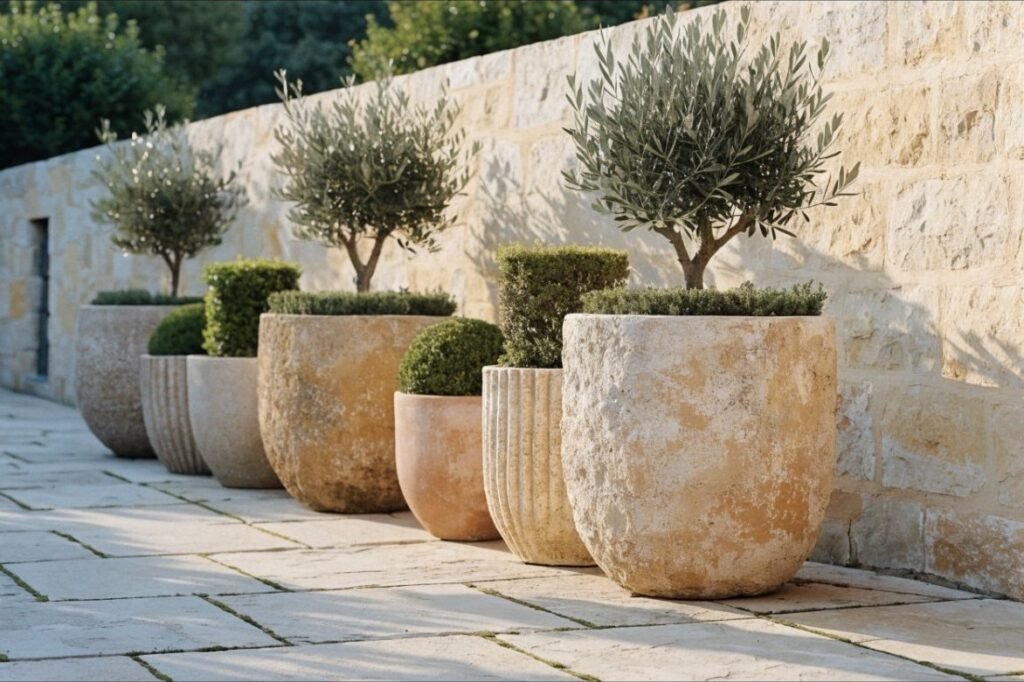Graduated stone and terracotta outdoor planters with olive trees along a limewashed garden wall