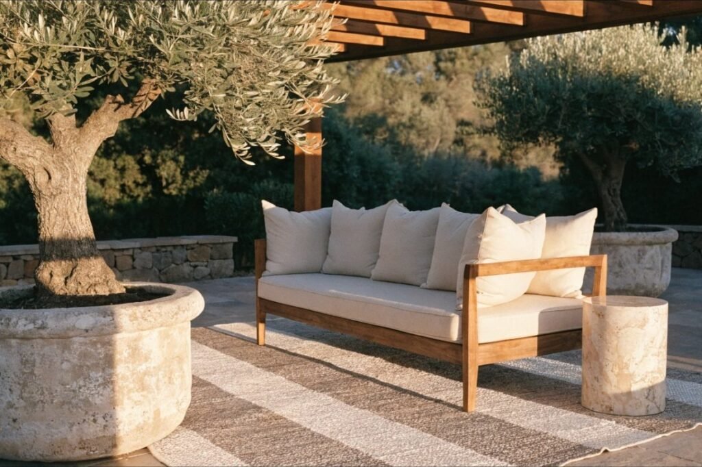 A flat-woven outdoor rug in ivory and taupe anchoring a teak sofa under a pergola
