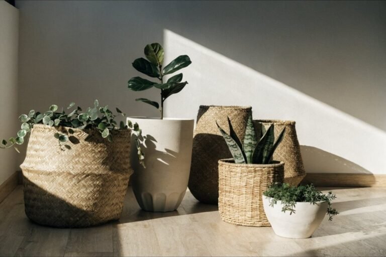 A grouping of matte planters and woven seagrass baskets holding indoor plants in a sunlit corner