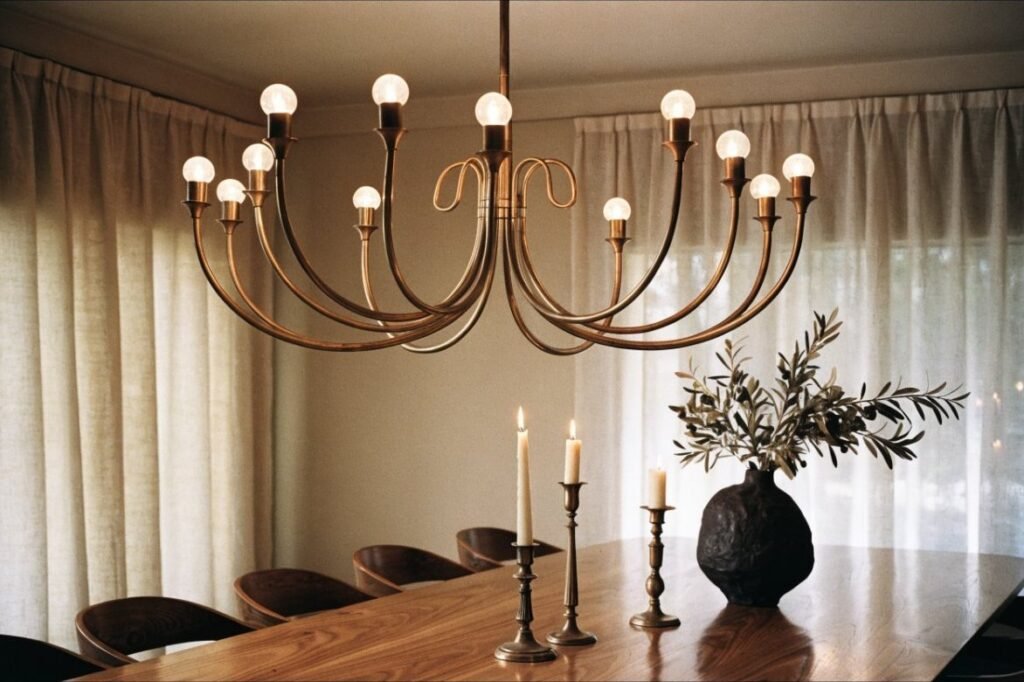 A sculptural antique brass chandelier hanging above a walnut dining table with olive branches