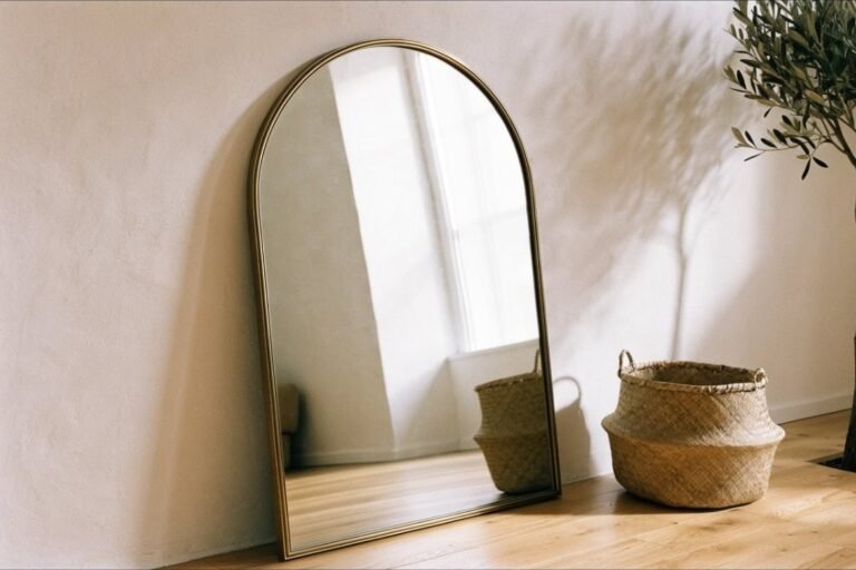 A tall arched floor mirror with a slim antique brass frame leaning against a warm white wall